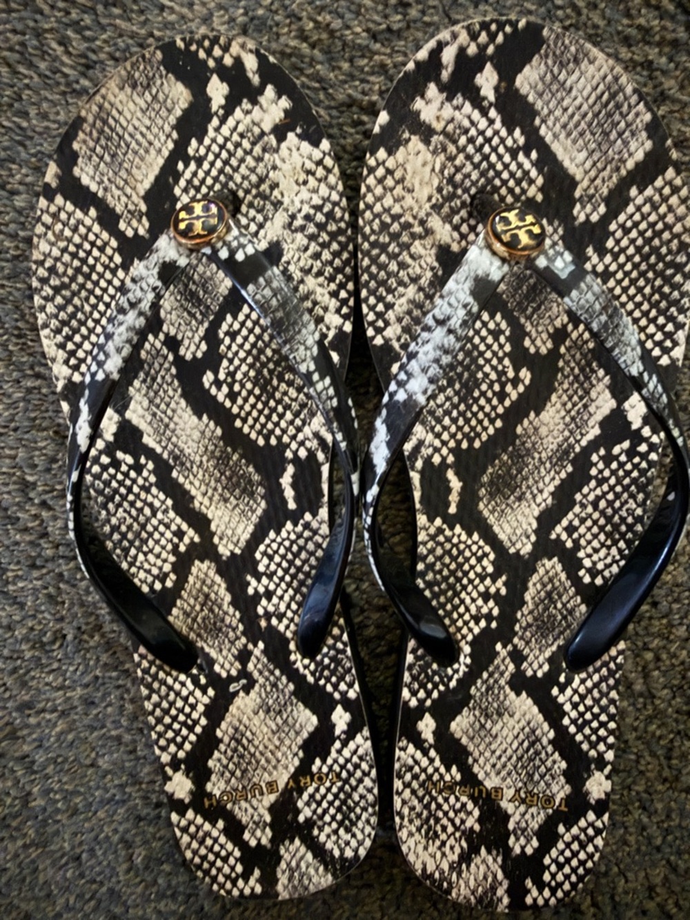 Tory Burch Black and Cream Snake-Print Thong Sandals with Gold Logo